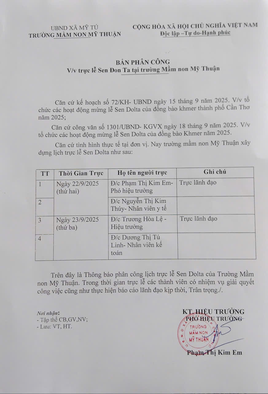 THÔNG BÁO LỊCH TRỰC LỄ TẾT SEN DOLTA NĂM 2025 CỦA BGH TRƯỜNG MN MỸ THUẬN
